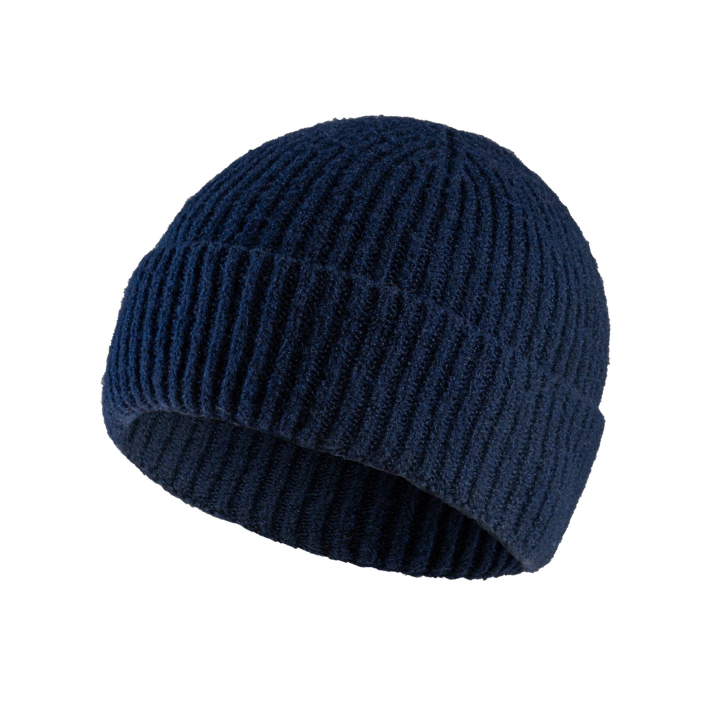 Tuque d'hiver - Läska en maille bleu marine côtelée double épaisseur, pour fille, vue de face légèrement inclinée.