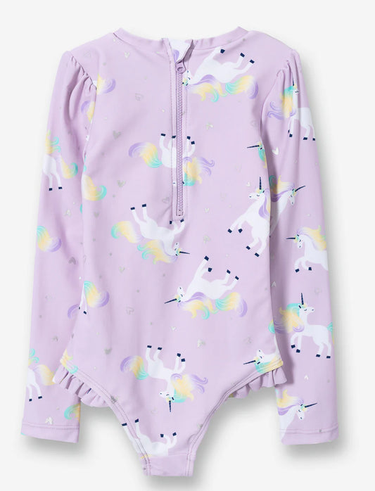 Maillot de bain - Mandarine & Co violet clair à manches longues avec imprimé licornes multicolores, pour enfant, vue de dos.