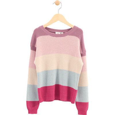 Chandail - M.I.D. en maille rayée rose, beige, bleu et fuchsia, style décontracté pour fille, vue de face.