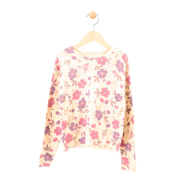 Chandail - M.I.D en acrylique beige à motif floral rose et violet, pour fille, vue de face, manches longues.
