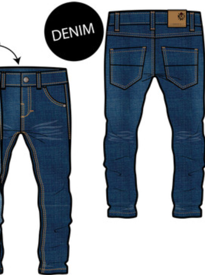 Jeans - M.i.D. en denim bleu foncé à taille ajustable avec couture orange, style slim pour garçon, vue de face et de dos.