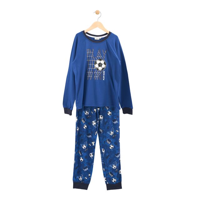 Pyjama - M.I.D. bleu marine motif ballon de football, manches longues et pantalon imprimé, garçon, vue de face suspendu.