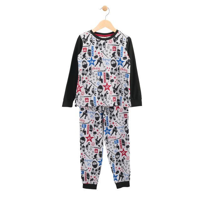 Pyjama - M.I.D. gris à motifs hockey noirs, rouges et bleus, manches et poignets noirs, pour garçon, vue de face.
