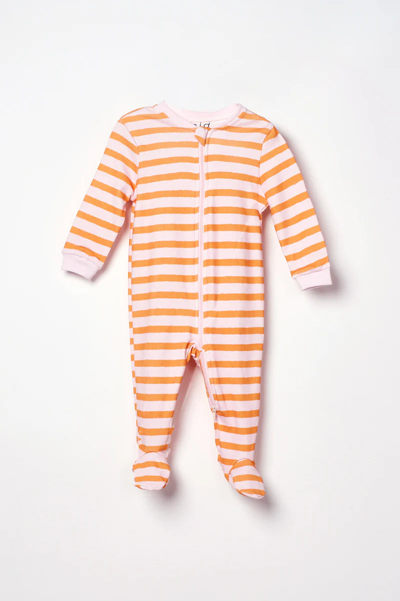 Pyjama - M.i.D rayé rose clair et orange, à manches longues avec pieds, pour bébé fille, vue de face, coton doux