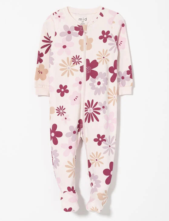 Pyjama - M.I.D. blanc à motifs floraux roses, beiges et bordeaux, coton doux, pour fille, vue de face.