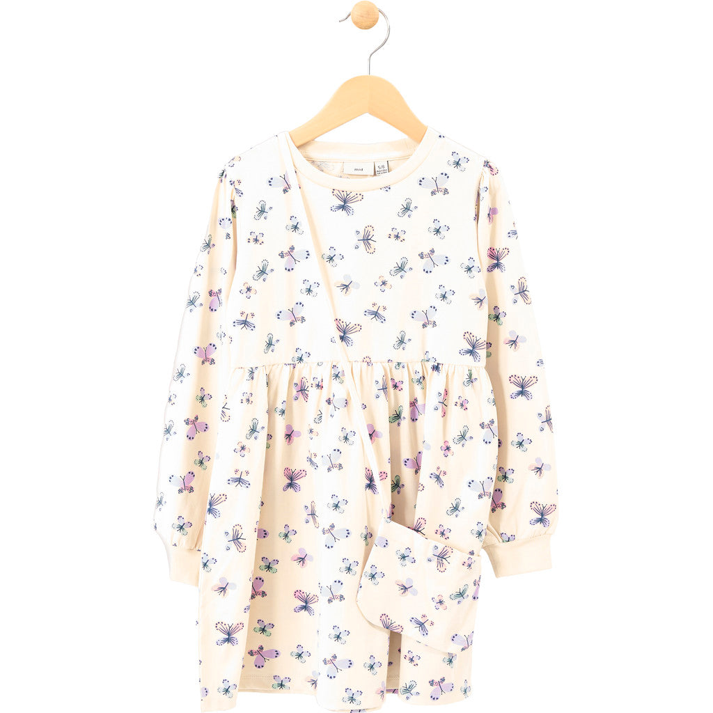 Robe - M.I.D beige à manches longues avec imprimé papillons violets et bleus pour fille, vue de face, tissu coton