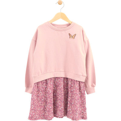 Robe - M.I.D bi-matière avec haut rose en coton et jupe fleurie violette, pour fille, vue de face suspendue