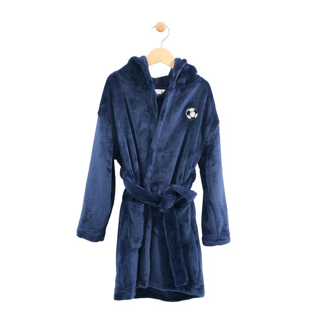 Robe de Chambre Soccer - M.I.D. bleu marine en tissu ultra doux avec capuche, ceinture et motif ballon, pour garçon, vue de face.