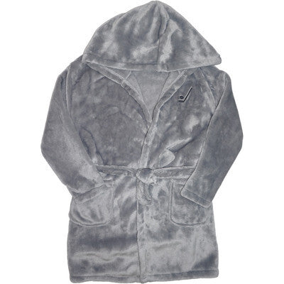 Robe de chambre - M.I.D. gris clair en tissu pelucheux avec capuche et ceinture, pour garçon, vue de face.