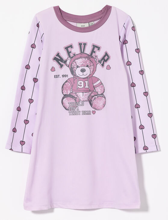 Robe de nuit - M.I.D. lilas à manches longues avec motifs cœur et imprimé ours rose, pour fille, vue de face