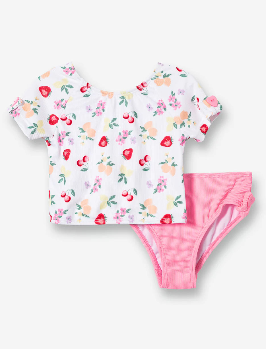Maillot de bain - Mandarine & Co ensemble deux pièces avec haut blanc à manches courtes fleuri et bas rose et violet, pour enfant, vue de face