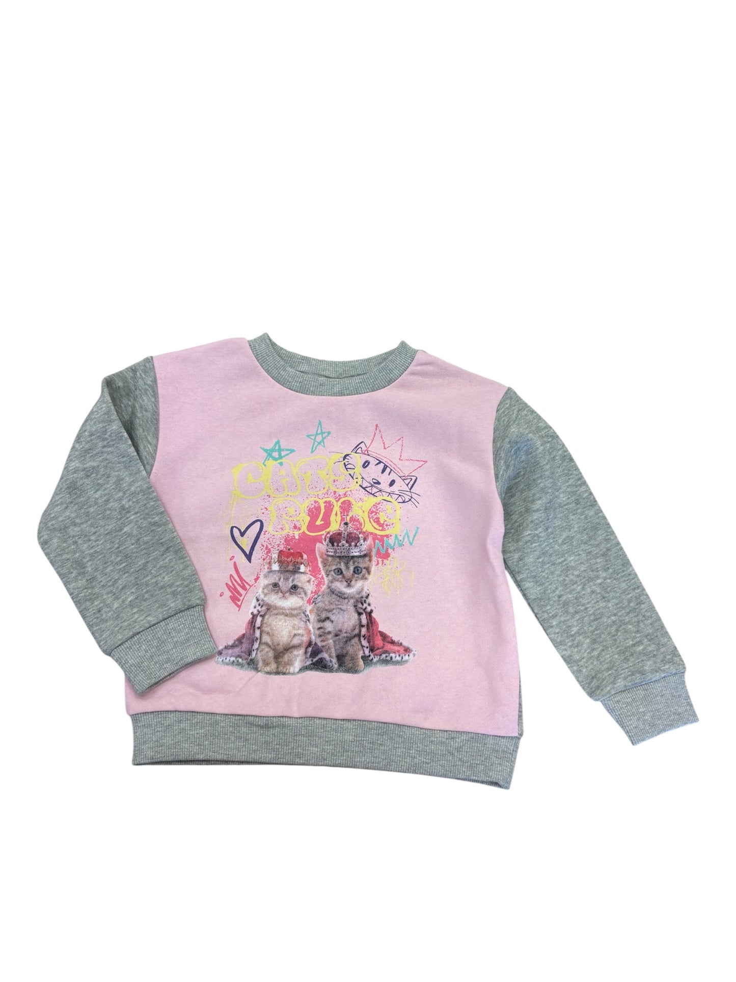 Chandail - Mandarine & Co rose et gris avec motif chat et texte coloré, en coton mixte, pour fille, vue de face.