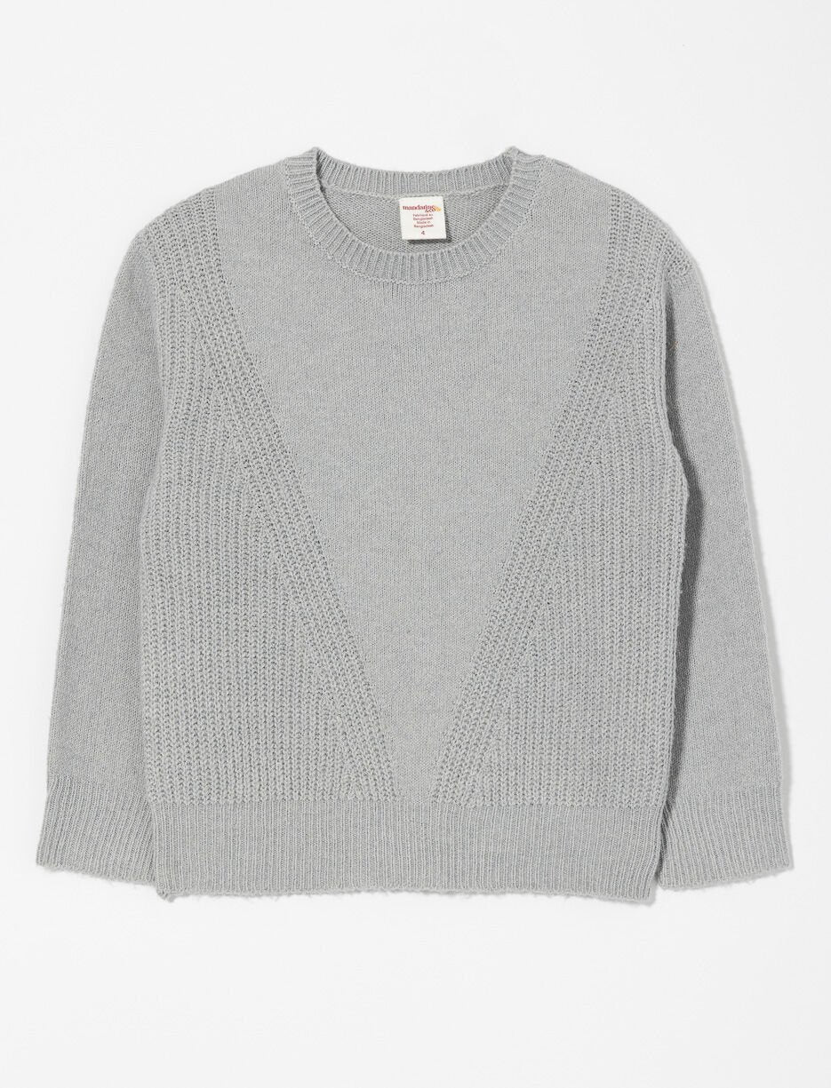 Chandail - Mandarines & Co gris clair en maille texturée, col rond, pour fille, vue de face.