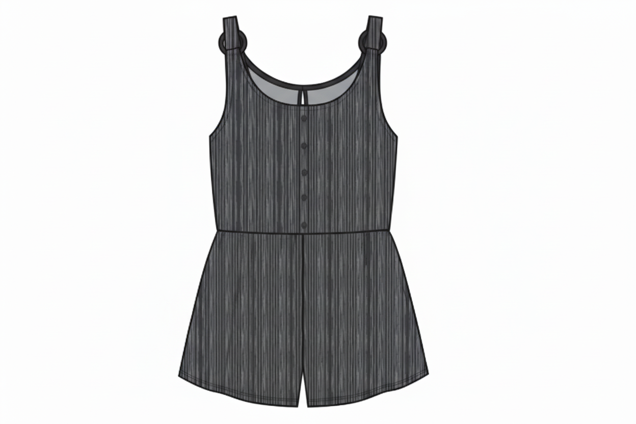 Combinaison - Mandarine & Co grise à fines rayures noires, sans manches avec boutonnière, pour fille, vue face et dos.