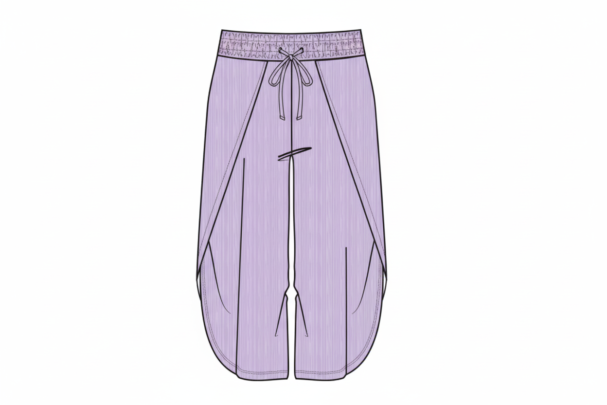 Pantalon - Mandarine & Co lilas en polyester et spandex, taille élastique, style ample, vue de face.