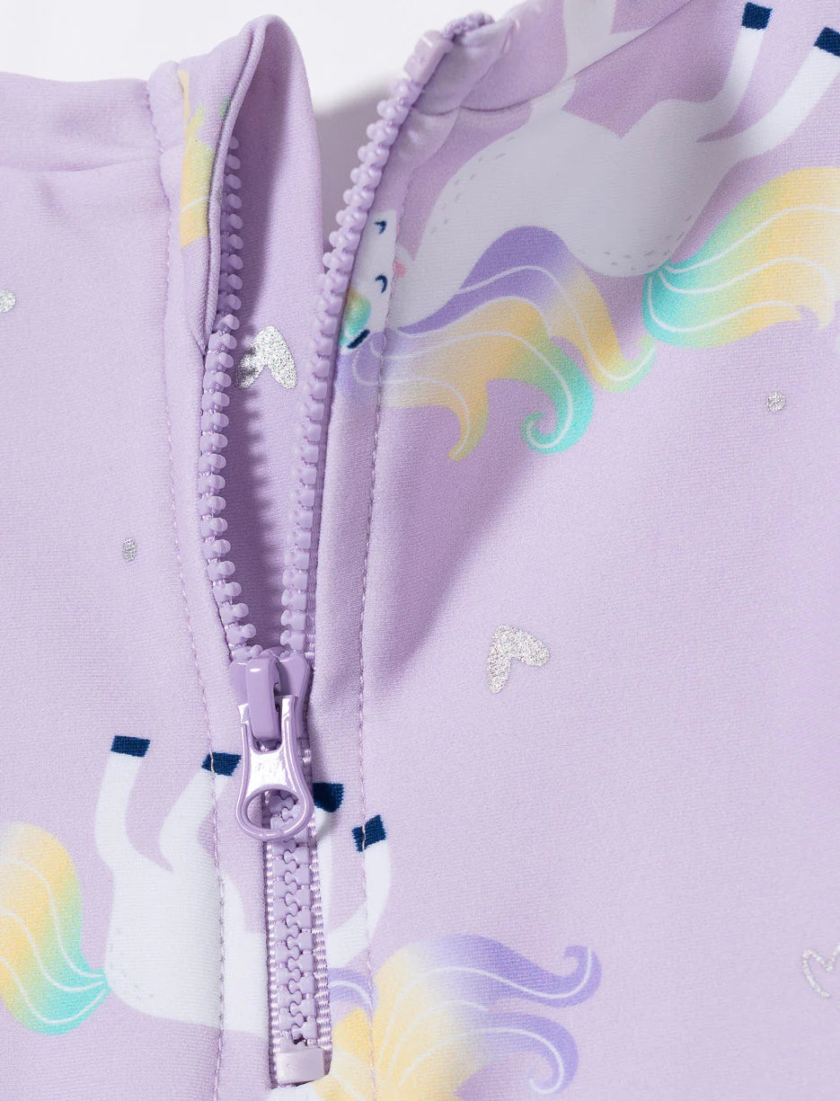 Maillot de bain - Mandarine & Co avec fermeture éclair violet clair, imprimé licornes multicolores, détail tissu en nylon et spandex