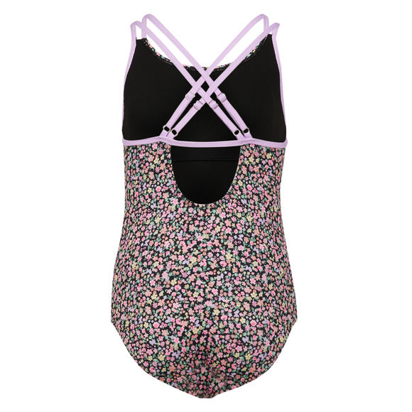 Maillot de bain - Mandarine & Co une pièce fleurs roses jaunes et vertes, bretelles croisées, polyester et spandex, vue de face et dos enfant