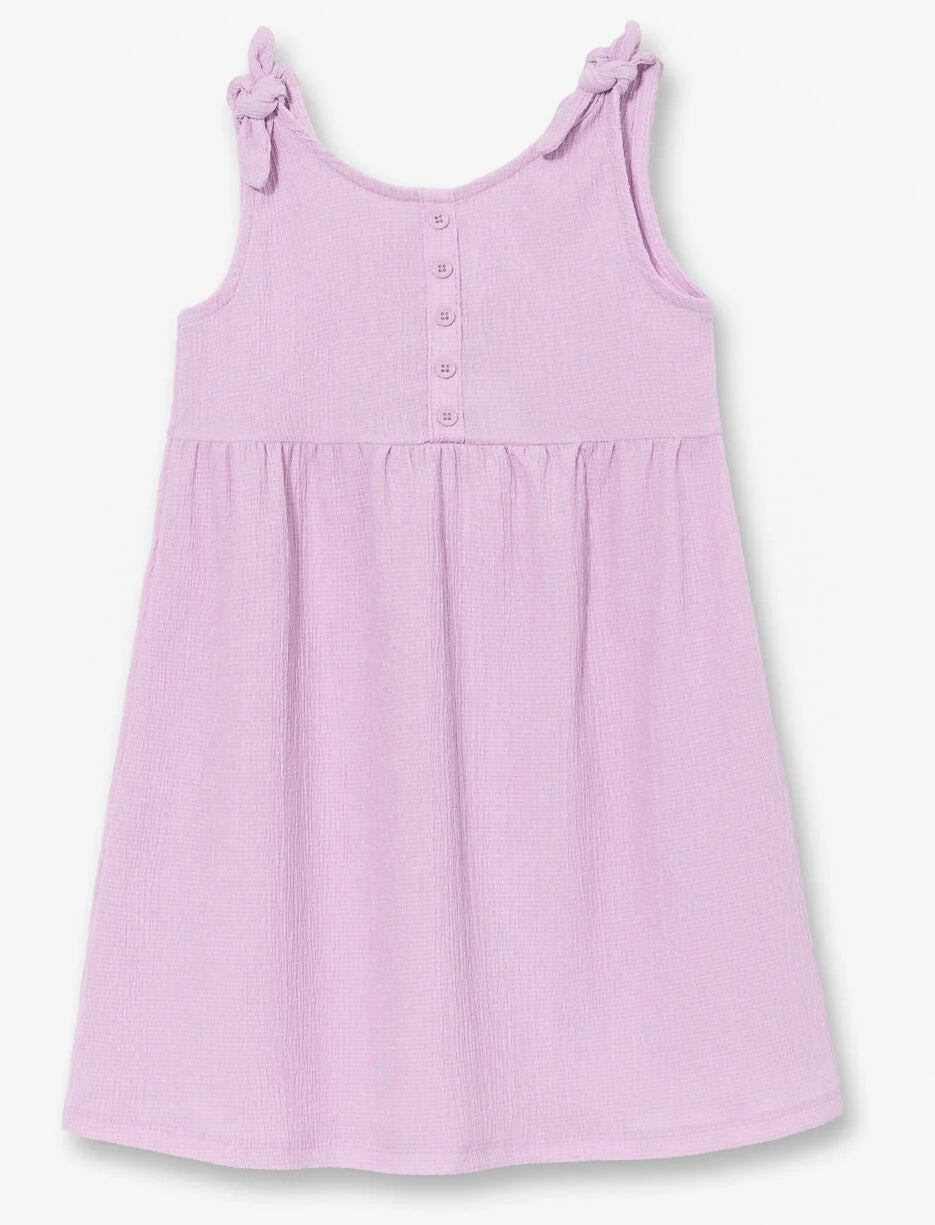 Robe - Mandarine & Co rose pâle en polyester et spandex pour enfant, sans manches avec nœuds aux épaules, vue de face.