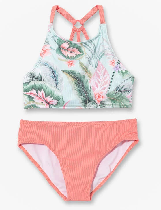 Maillot de bain - Mandarine & Co deux pièces avec haut imprimé feuilles vertes et roses, bas corail, pour fille, vue de face.