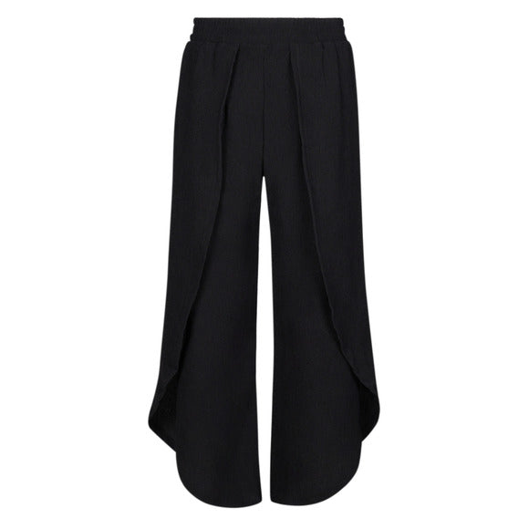Pantalon - Mandarine & Co noir fluide en polyester et spandex, coupe large avec pans asymétriques, vue de face