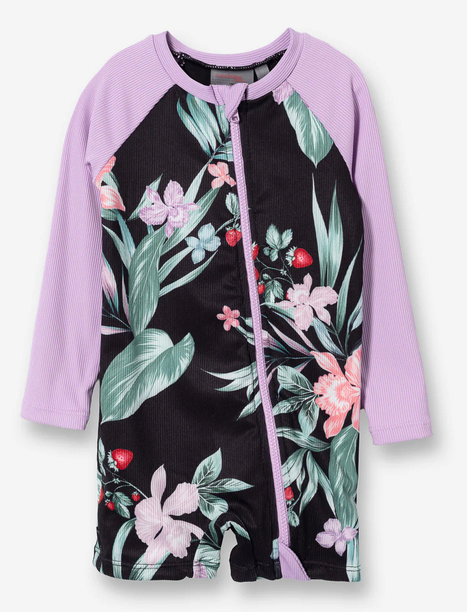 Maillot de bain - Mandarine & Co manches longues violet et rose avec motifs floraux verts et roses, pour enfant, vue de face