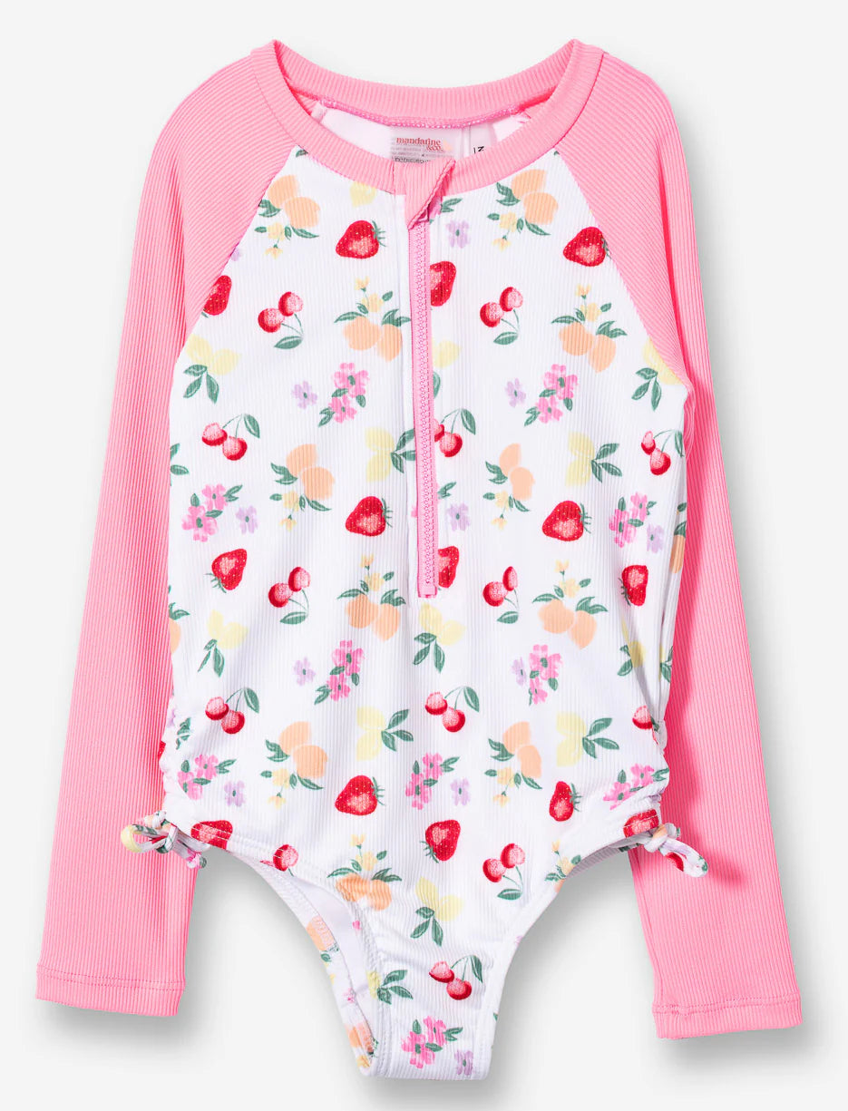 Maillot de bain - Mandarine & Co une pièce manches longues rose avec motifs fruits et fleurs multicolores, enfant, vue de face