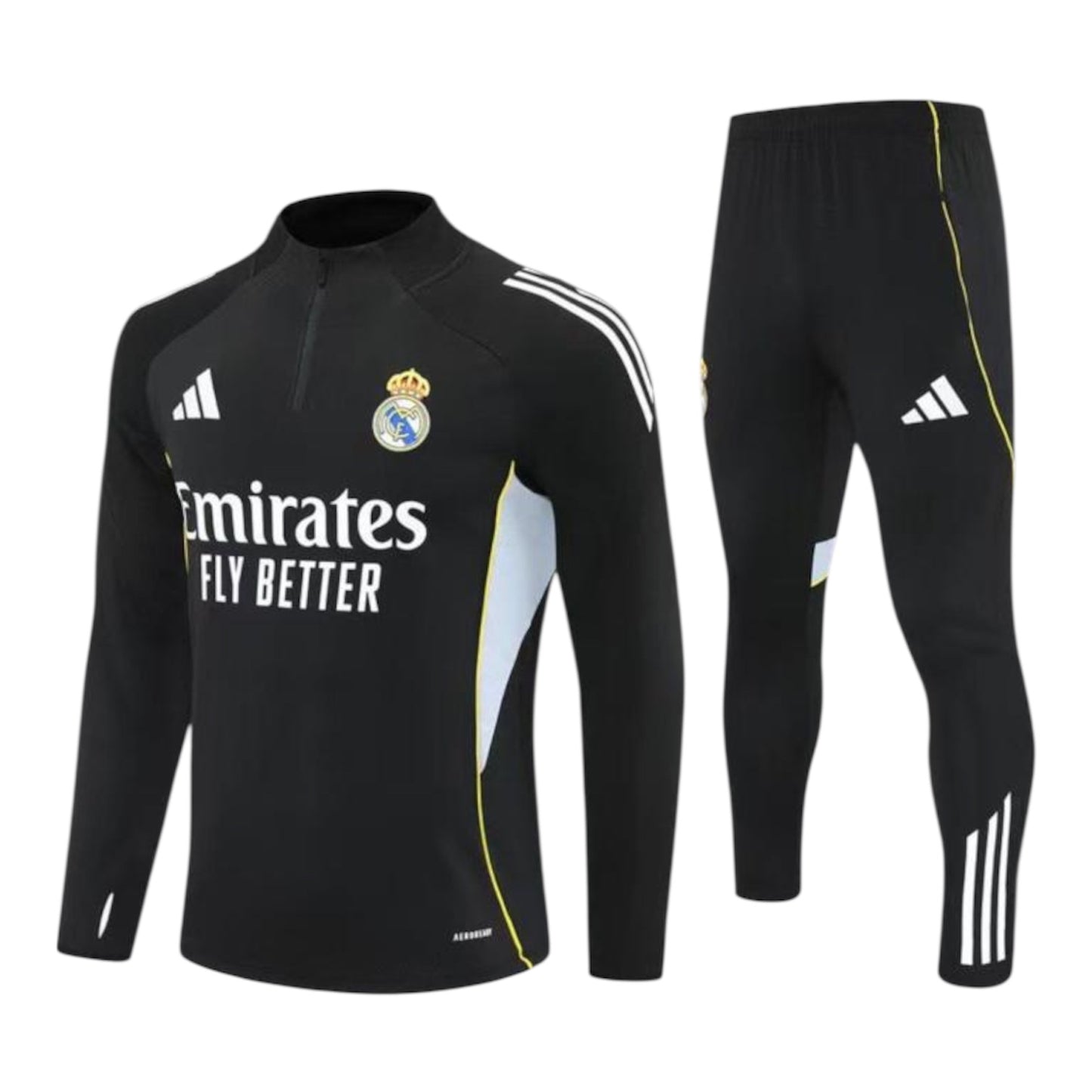 Ensemble de soccer - Mbappé noir avec détails blancs et jaunes, 100% polyester, taille ajustable, vue de face et de profil pantalon