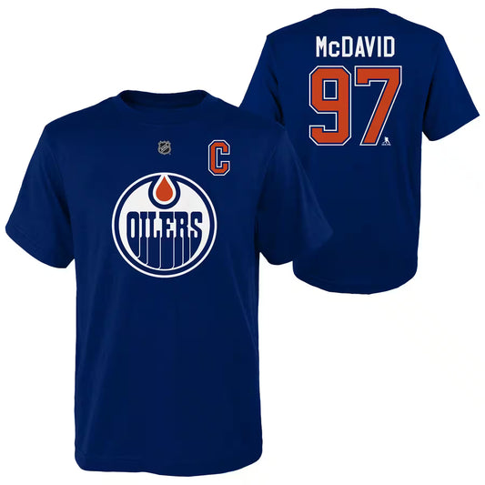 Youth McDavid Oilers T-shirt featuring player name and number on a blue background. Perfect for young fans.