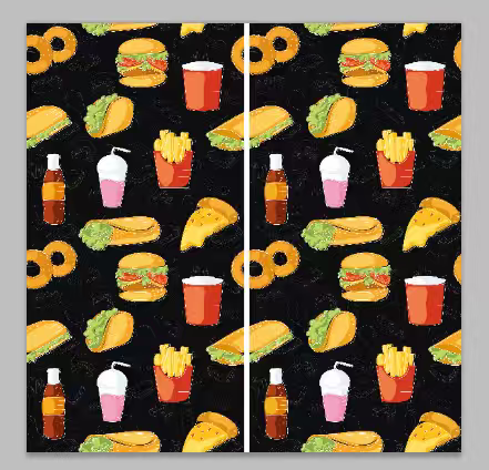 Serviette microfibre - Fast Food noire avec motifs colorés de burgers, frites, boissons et pizzas, vue de face.