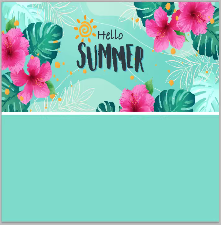 Serviette microfibre - Hello Summer bleue et turquoise avec fleurs roses et feuilles vertes, vue de face, style estival lumineux.
