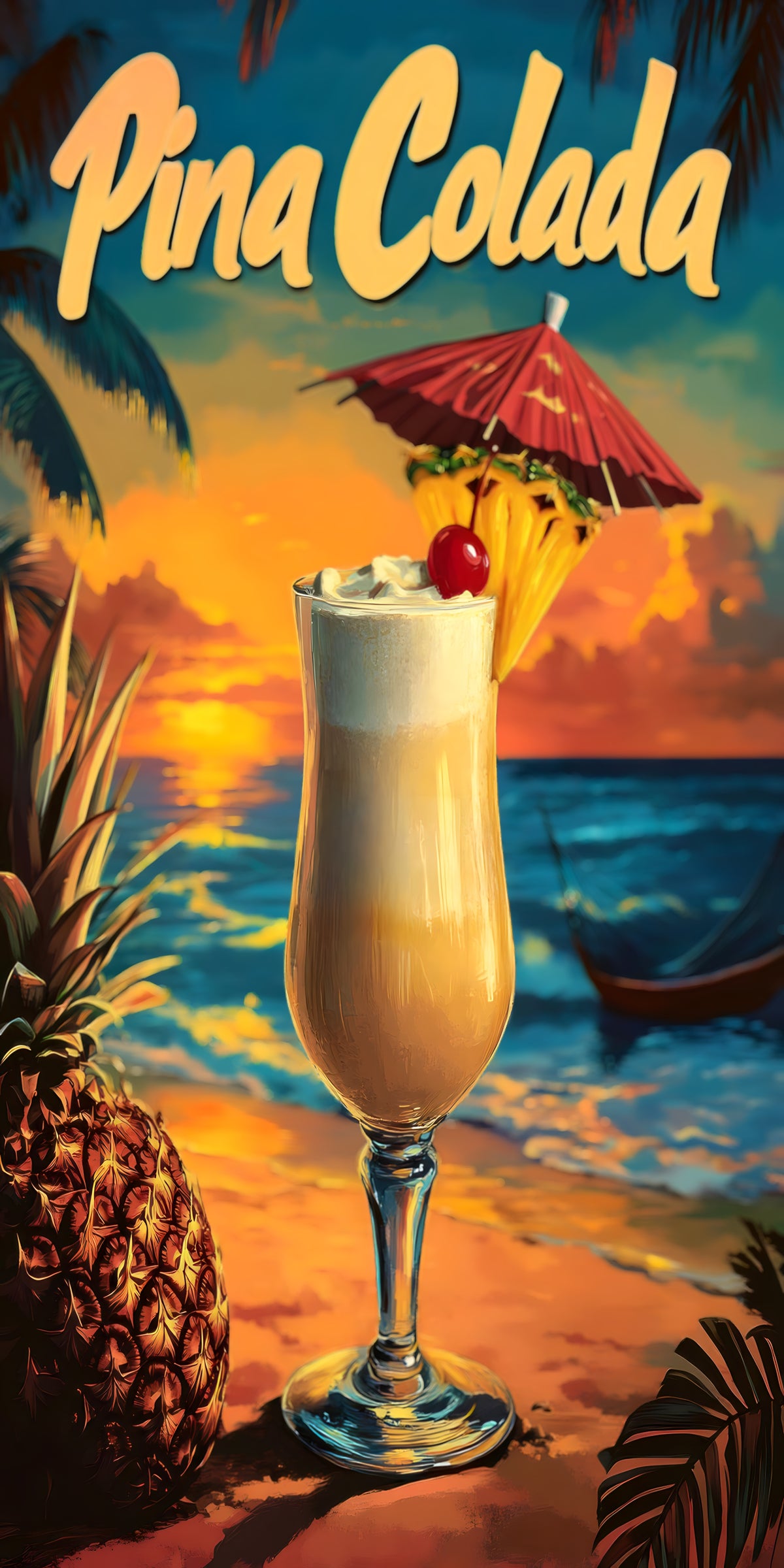 Serviette microfibre - Pina Colada orange et bleu avec illustration cocktail, coucher de soleil et paysage tropical, vue de face.