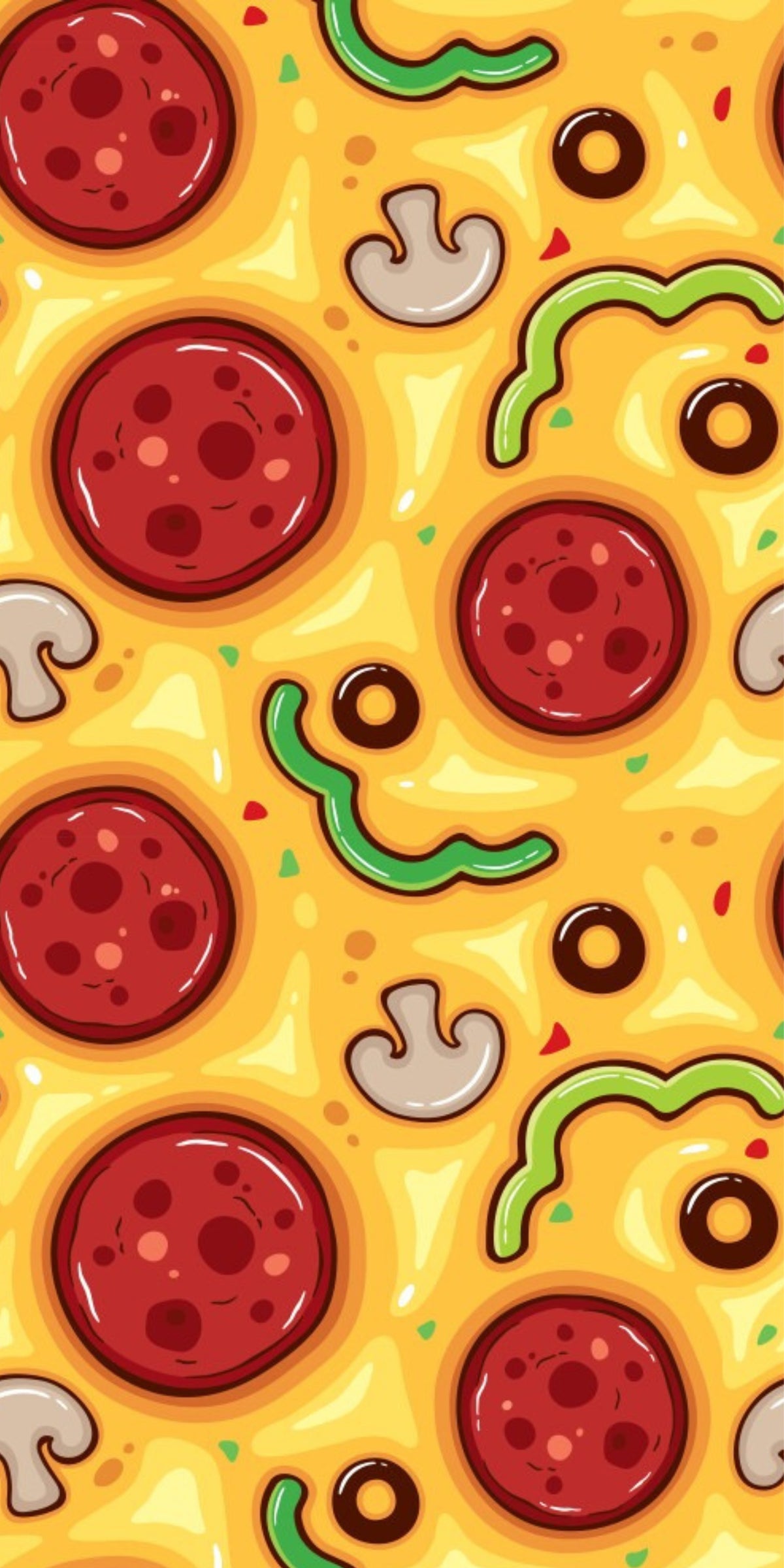 Serviette microfibre - Pizza avec motifs de pepperoni rouge, champignons beige, olives noires et poivrons verts, vue détail.