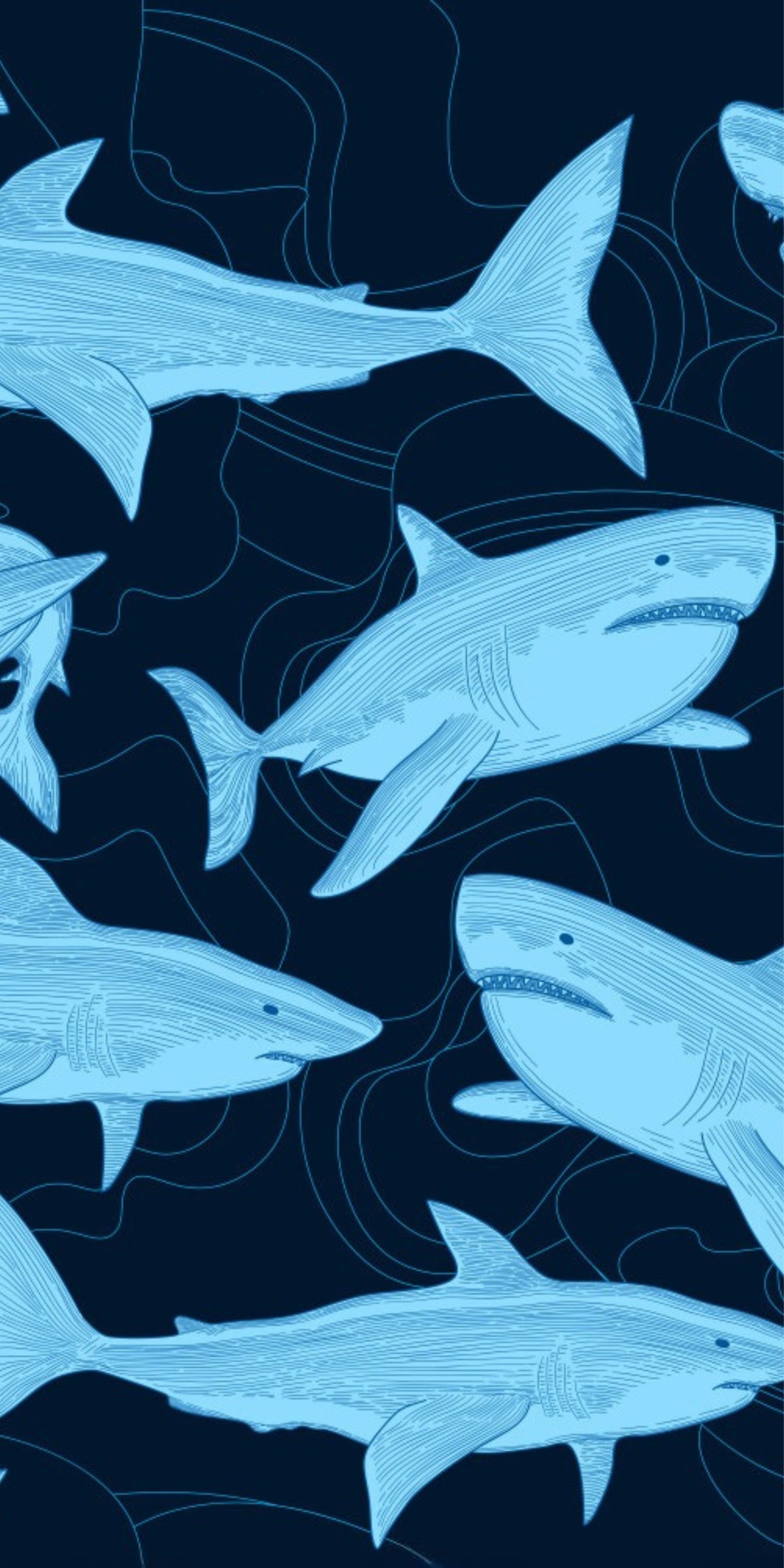 Serviette microfibre - Requin bleu clair avec motifs requins détaillés, fond bleu marine, vue en gros plan du tissu.