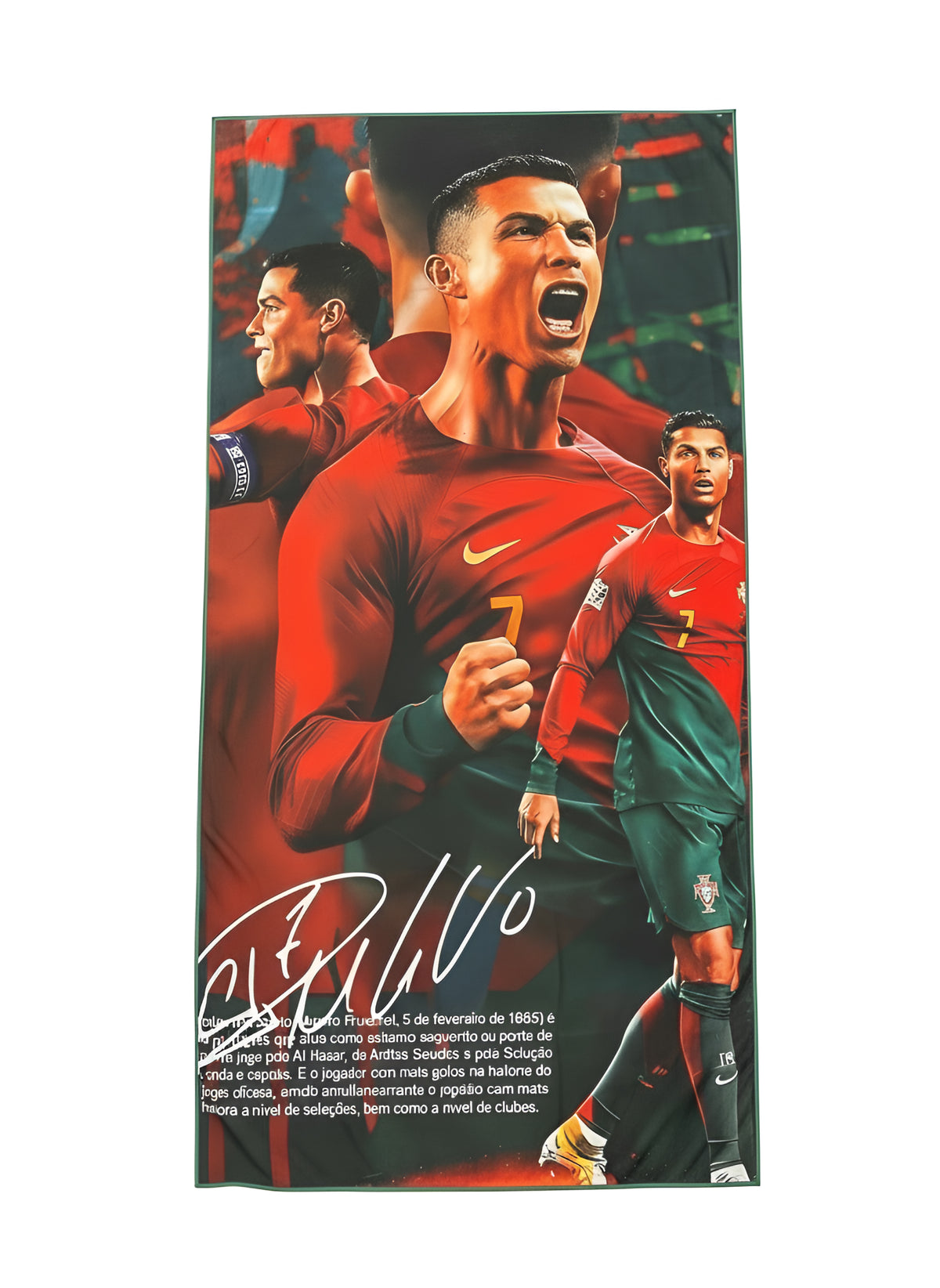 Serviette microfibre - Ronaldo rouge et vert avec illustrations du joueur en action, vue de face détaillée.