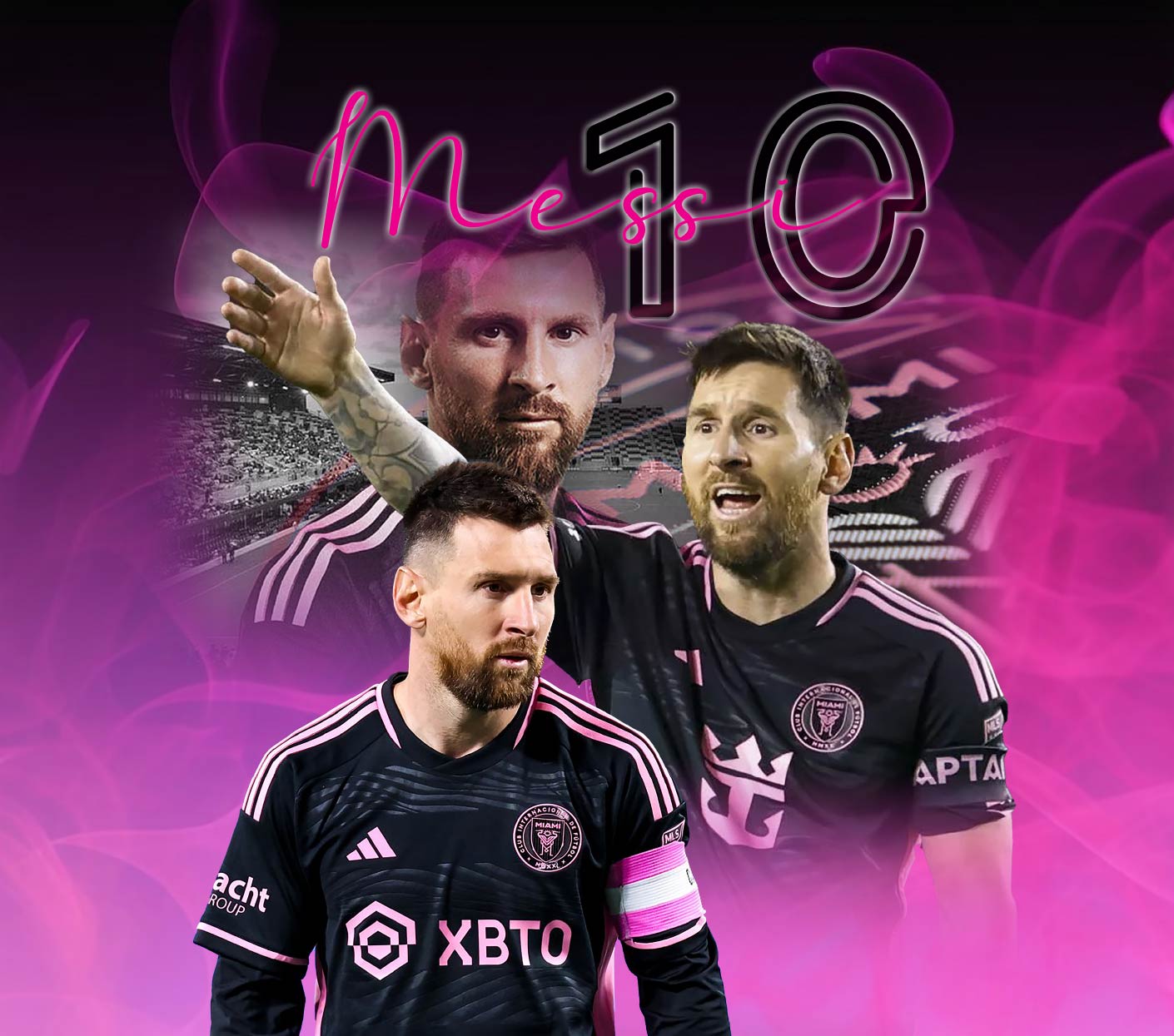 Couverture - Messi avec portrait et texte rose fluo, fond noir et fumée violette, illustration graphique, vue de face.