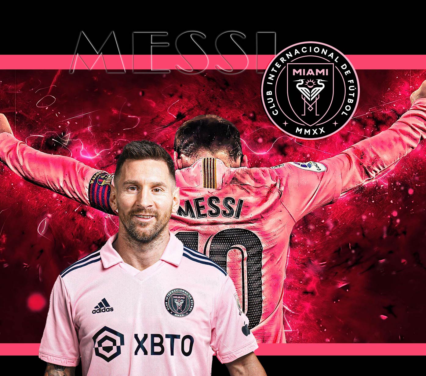 Couverture - Messi rose et noire avec logo Club Inter Miami, motif joueur de football, tissu ultra doux, vue de face.