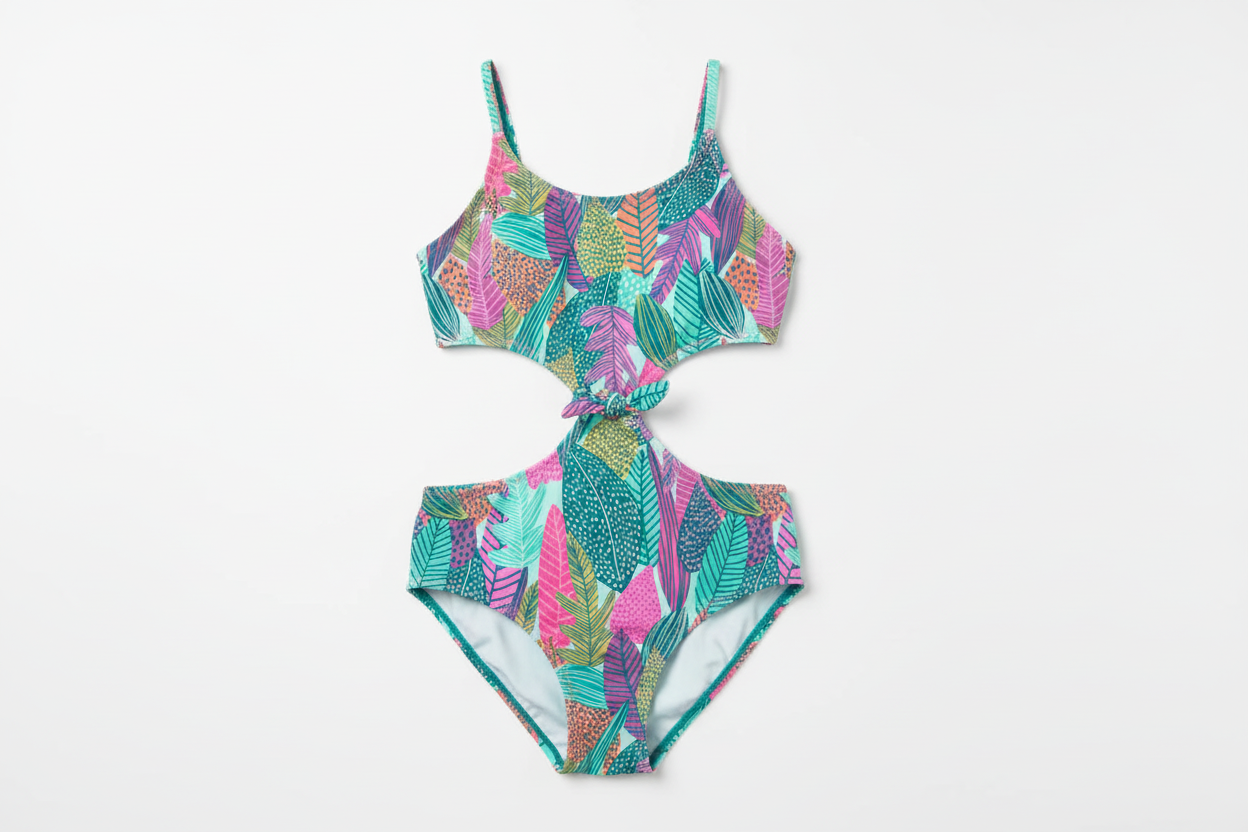 Maillot de bain - M.I.D. une pièce découpé imprimé feuillages multicolores, matière synthétique, vue de face.