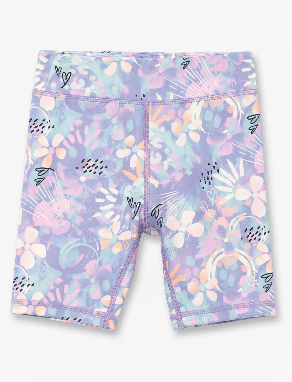 Biker Short - M.I.D imprimé floral multicolore violet, rose et orange, tissu polyester élasthane, vue de face.