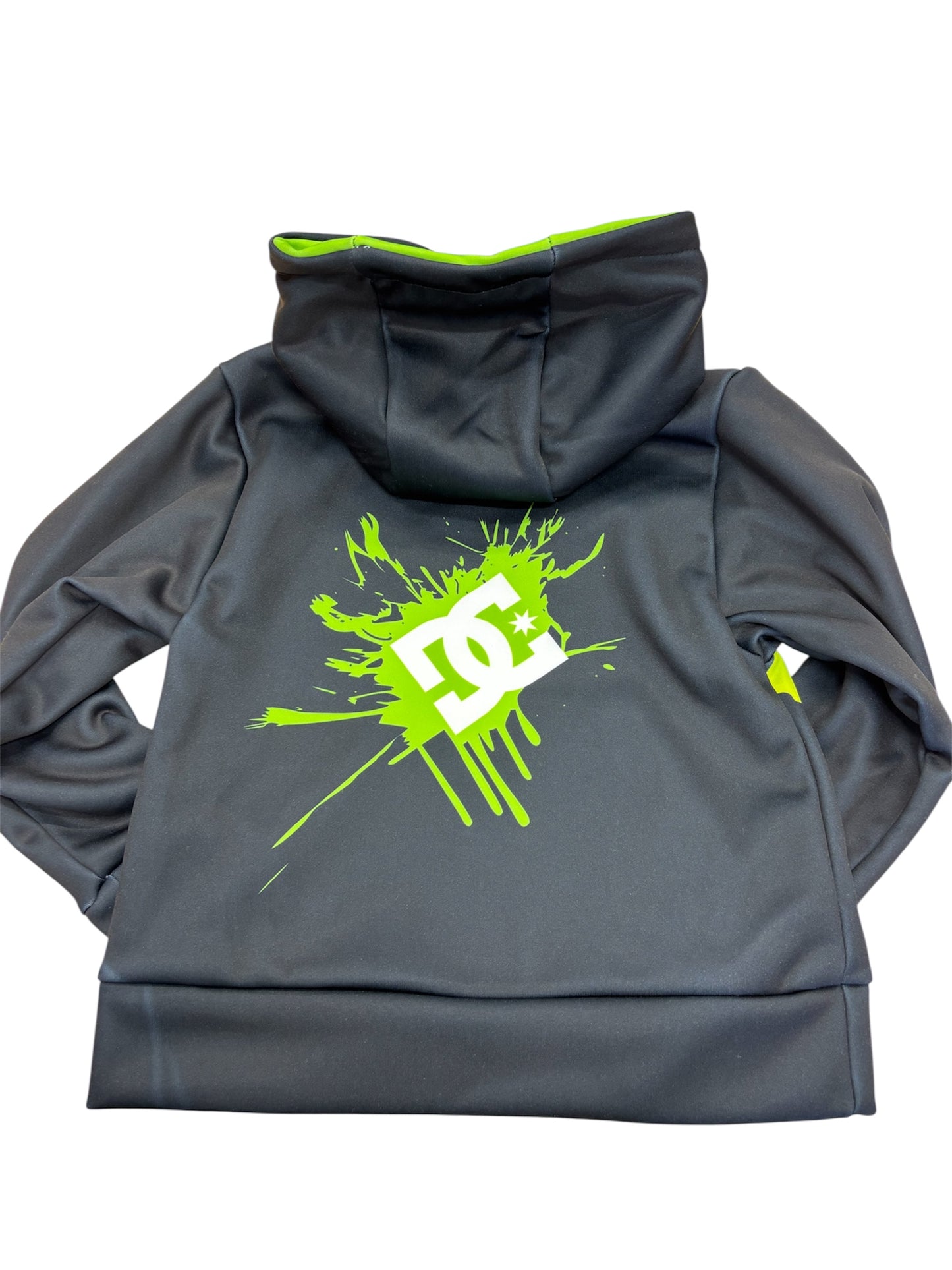 Hoodie - Monster DC gris foncé avec logo vert fluo, sans cordons, polyester, pour garçon, vue de dos.