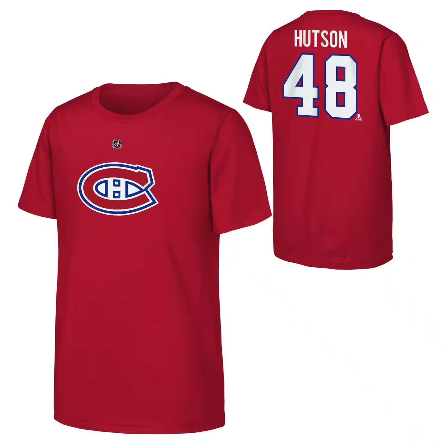 T-Shirt - Hutson - 3 Pour 60$ rouge en coton 100% avec logo hockey et numéro 48, pour enfant, vue de face et dos.
