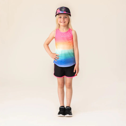 Short - Nanö noir avec bordure rose porté par enfant fille en vue de face sur fond clair