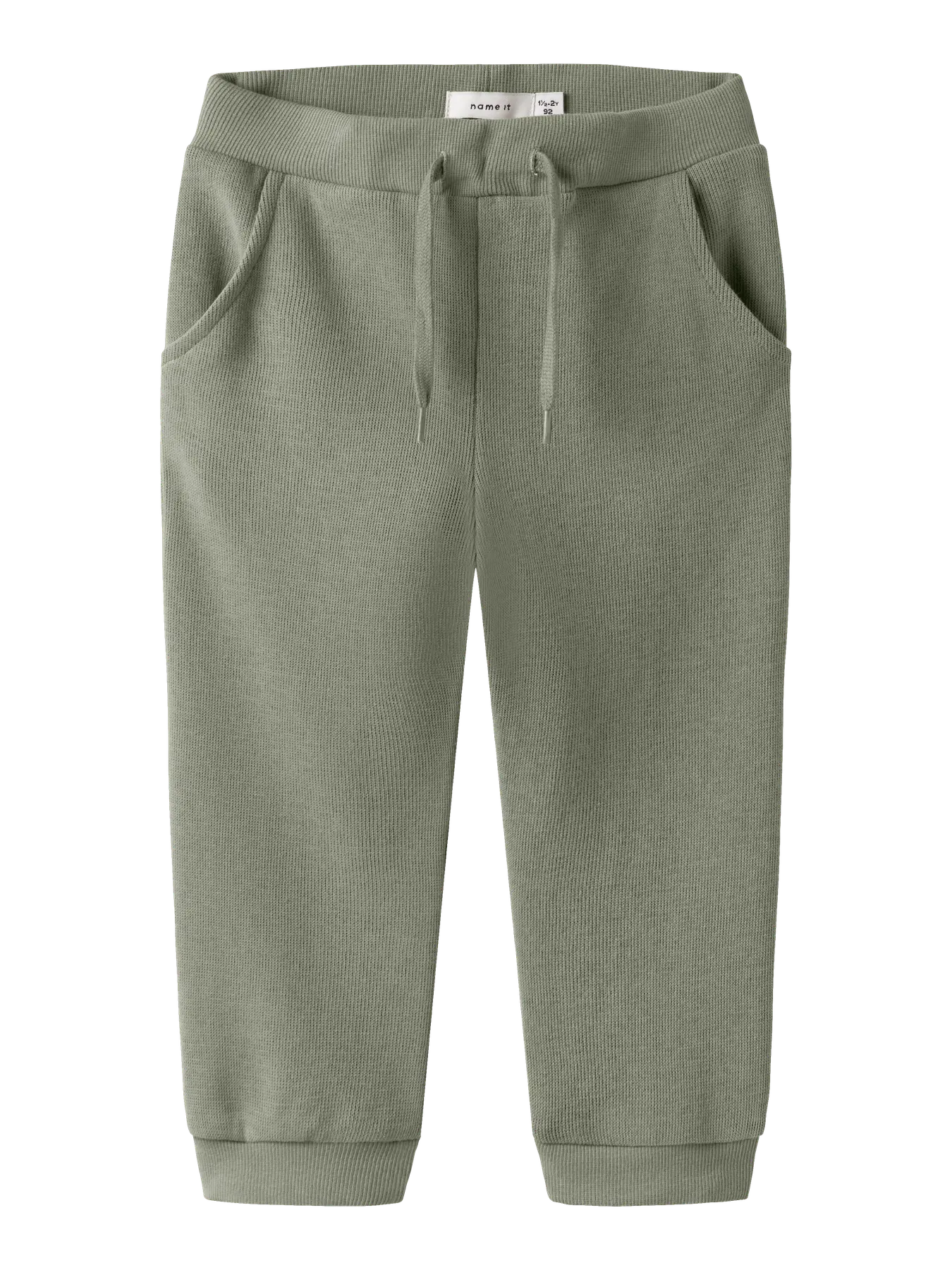 Pantalon - Name It vert kaki en coton bio et polyester, taille enfant garçon, vue de face avec cordon de serrage