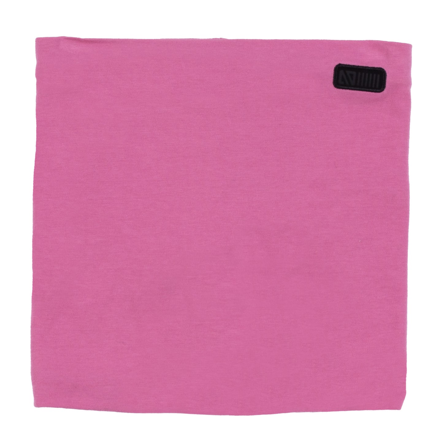 Cache-Cou en jersey doublé en polar - Nanö rose uni avec écusson noir, tissu doux et extensible, vue de face.