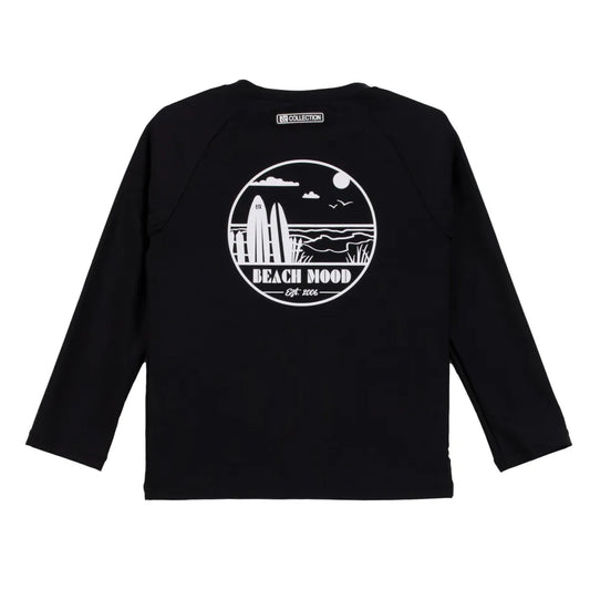 Chandail U.V - Nanö noir manches longues avec motif blanc plage et surf, pour garçon, vue de dos.