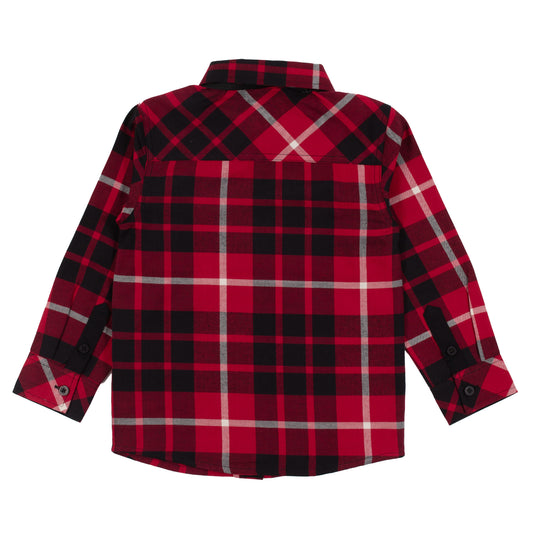 Chemise - Nanö en flanelle à carreaux rouges, noirs et blancs, manches longues, pour enfant, vue de dos.