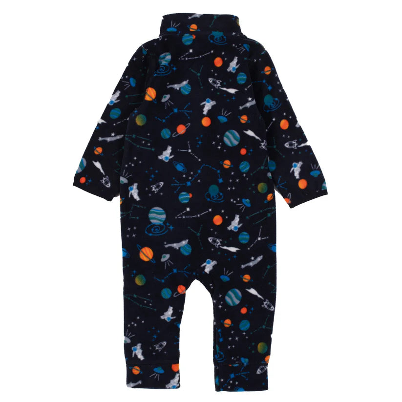 Une pièce thermal - Nanö bleu marine à motifs espace multicolores, tissu micropolaire, pour bébé, vue de dos.