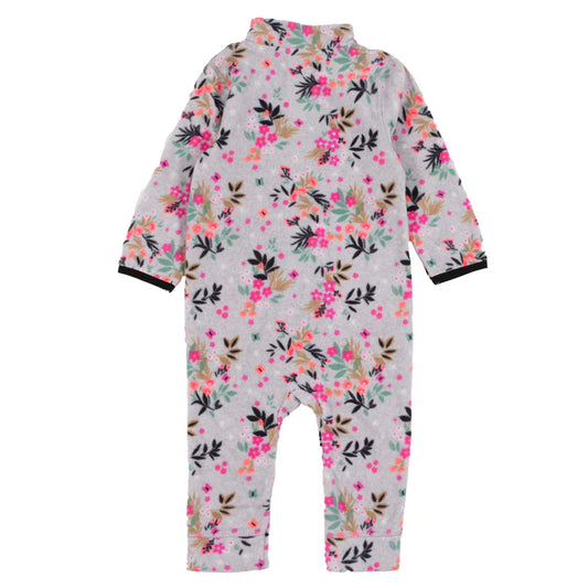 Une pièce thermal - Nanö en micropolaire grise imprimé floral rose, vert et noir, coupe ajustée, pour fille, vue de dos.