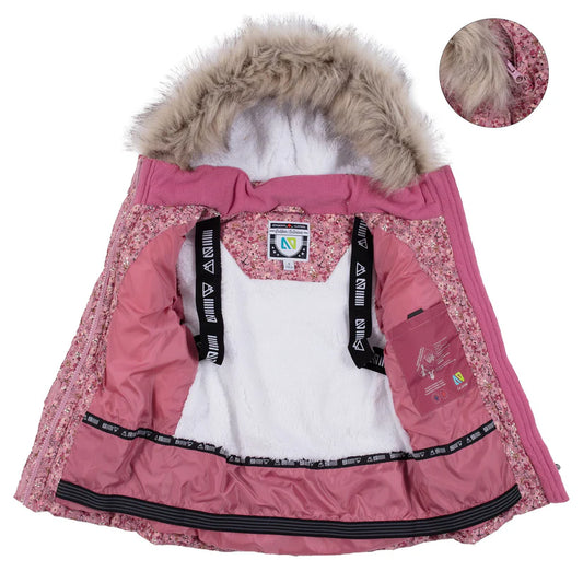 Habit de neige - Nanö rose avec intérieur en polaire blanche, capuche bordée de fausse fourrure, vue de face ouverte