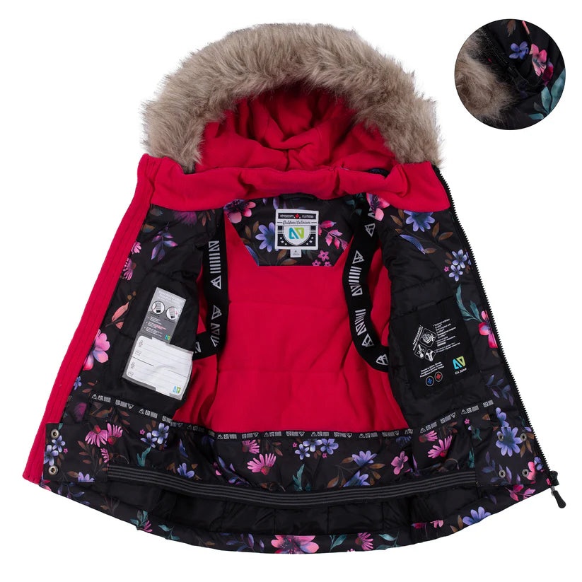 Habit de neige - Nanö fille rouge intérieur doublure noire à motif floral multicolore avec capuche fourrure vue ouverte