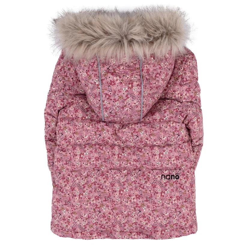 Habit de neige Phoebe - Nanö rose à motifs floraux, capuche à fourrure synthétique, pour fille, vue de dos